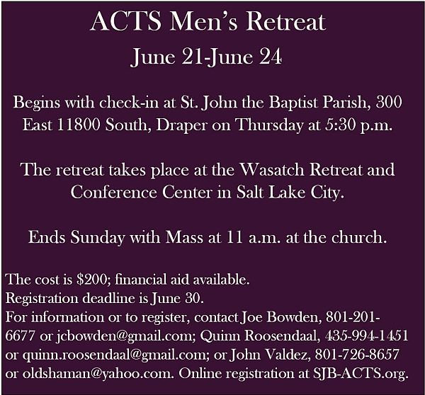 Men's and women's ACTS retreats scheduled for summer Intermountain