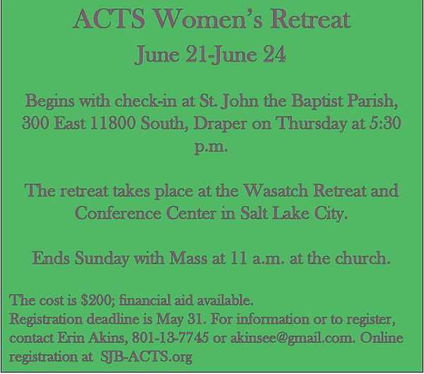 Men's and women's ACTS retreats scheduled for summer Intermountain