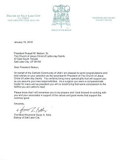 Bishop Solis sends congratulations to new President of the The Church of Jesus Christ of Latter-day Saints